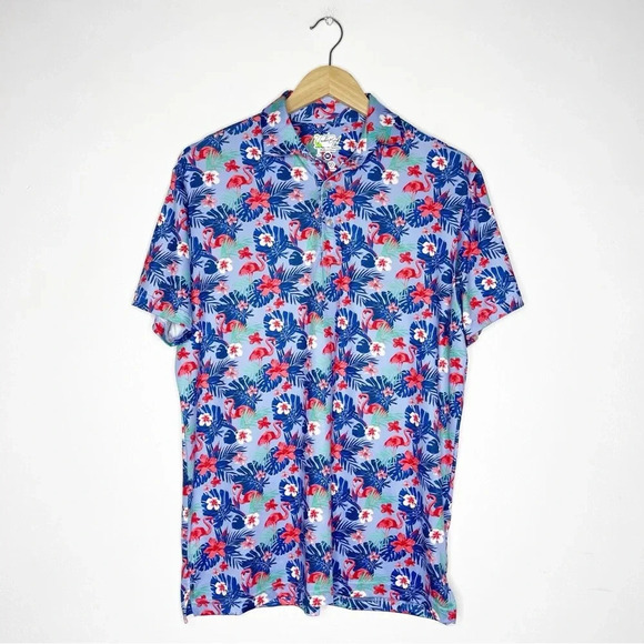 Tailorbyrd Men's Flamingo Print Bird Tropical Performance Polo Shirt Size Medium - Picture 2 of 6